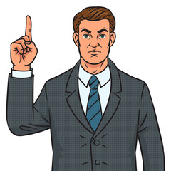Man with index forefinger up hand attention gesture pinup pop art retro PNG illustration. Comic book style imitation.