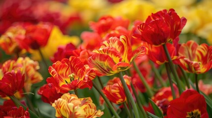 A vibrant field of red and yellow parrot tulips in full bloom showcasing the beauty of spring in a colorful garden landscape