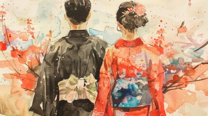 Obraz premium Back view of Asian couple wearing Yukata