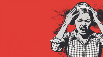 Fototapeta premium A woman screaming and holding her head, with a red background, representing frustration and stress.