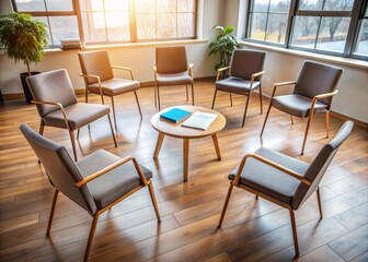 Empty chairs surround a vacant therapist's seat, a few scattered notebooks and a calm atmosphere convey a sense of safe space for sharing emotional struggles.