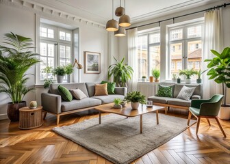 Elegant Scandinavian living room with comfortable sofa, mid century furniture, cozy carpet, warm wooden floor, crisp white walls, and lush green home plants.