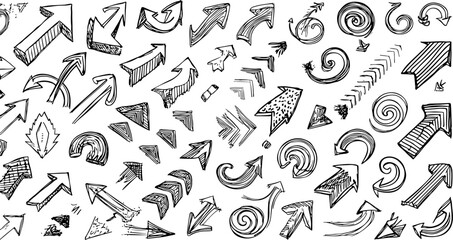 Arrow vector hand drawn sketch icon set. Doodle sketch hand drawn direction element set. Pencil doodle flat line design cartoon elements. Scribble swirl arrow sign. Vector illustration