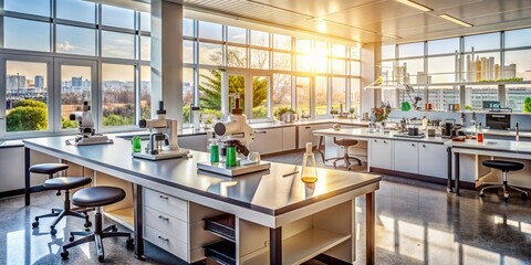 Microscopes, beakers, and laboratory equipment clutter a university science lab counter, Backlit with soft natural light, surrounded by modern amenities and sleek furniture.