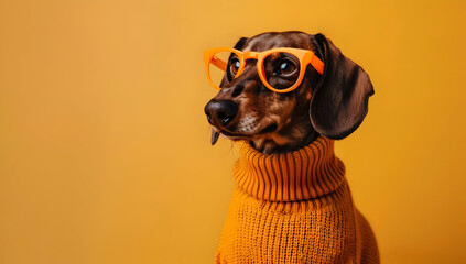 Cute dachshund dog wearing orange glasses and sweater, posing against an orange background. Adorable fashion-ready pet portrait.