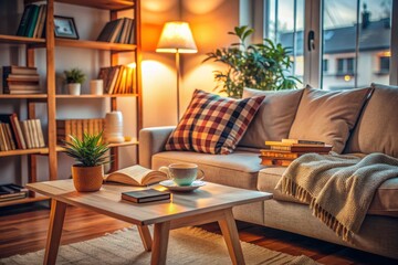 A cozy atmosphere with a comfortable couch, a side table, and a few books, with a single book lying open as if recently read.