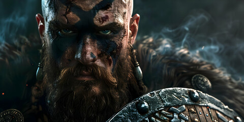 Fierce Viking warrior with battle scars, face paint, and armor. Intense gaze and strong presence. Historic warrior image ideal for fantasy and history themes.