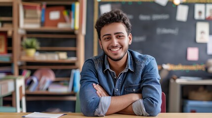 Arab Male Student Smiling in Classroom, Study Session, Education, Learning Environment, Back to School, Academic