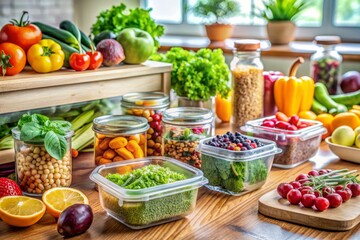 A vibrant kitchen setup displays a nutritious meal prep scene with fresh fruits, vegetables, greens, avocado, and health supplements, emphasizing healthy eating habits.