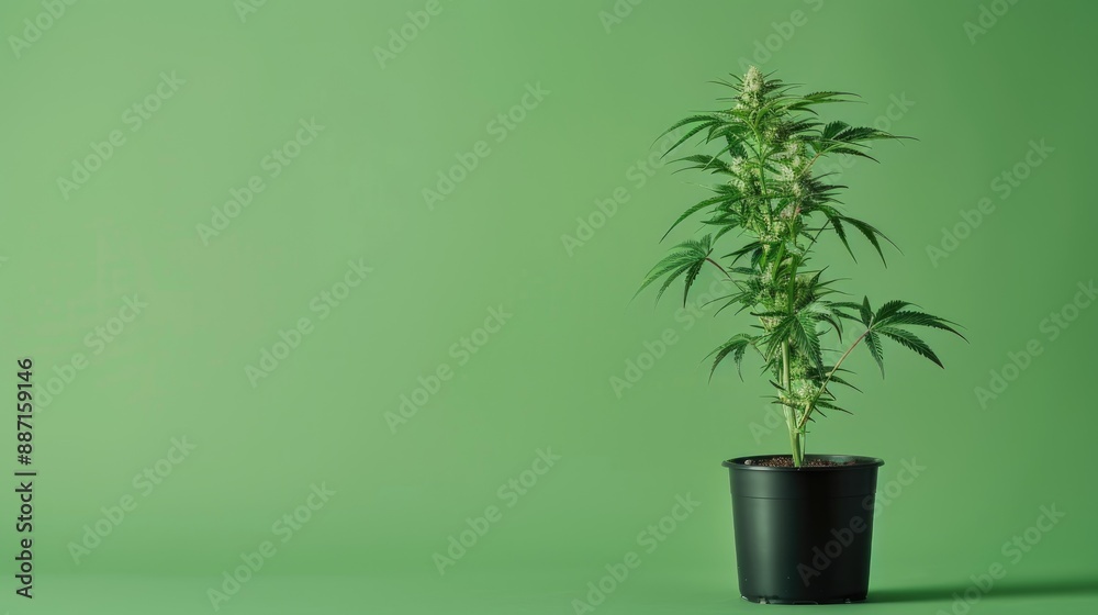 Poster Cannabis plant in black pot on green background horizontal photo concept with empty space