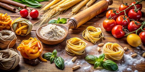 Fresh vegetables, artisanal tools, and golden flour scattered on a worn wooden table, await eager learners in a hands-on pasta-making culinary experience.