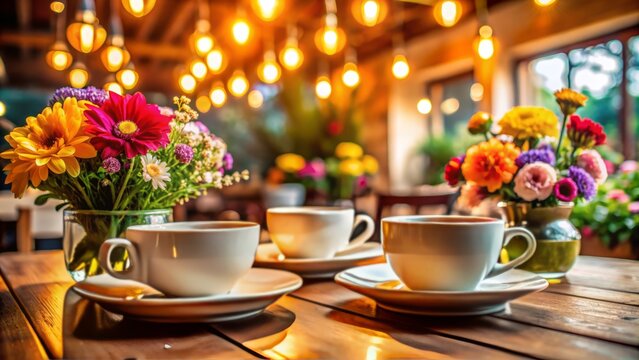 Cozy coffee shop scene with empty cups and saucers, surrounded by vibrant flowers and warm lighting, evoking feelings of friendship and joyful companionship. - Powered by Adobe