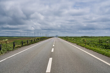 Hokkaido,Japan - July 10, 2024:  Beautiful road, Ororon Line, along the Sea of Japan in Hokkaido, Japan
