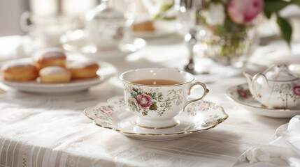 Fototapeta premium beautifully set tea table with fine china teacups, saucers, and a teapot, adorned with floral patterns. elegant setup includes a lace tablecloth and pastries, refined and classic afternoon tea