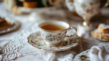 Fototapeta premium beautifully set tea table with fine china teacups, saucers, and a teapot, adorned with floral patterns. elegant setup includes a lace tablecloth and pastries, refined and classic afternoon tea
