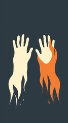 Obraz premium Two hands, one engulfed in flames, reach up against a dark background, halloween mood