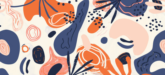 abstract pattern with wavy lines and organic shapes in navy blue, coral, and white colors creates a flowing and dynamic visual experience
