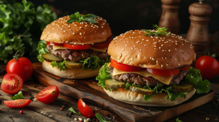 close-up shot of two gourmet burgers with sesame seed buns, melted cheese, pickles, and fresh greens. The juicy patties and vibrant colors make the burgers look appetizing and delicious