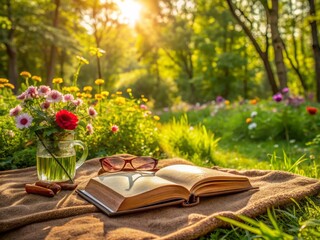Serene outdoor setting with a worn leather book and empty glasses lying on a green blanket amidst lush trees and vibrant flowers on a sunny day.