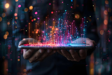 Business man holding a digital tablet to analyze the stock market graphs and charts