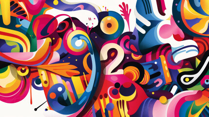 Fototapeta premium colorful abstract painting featuring various shapes and patterns in bright hues. playful composition and bold strokes, lively and dynamic piece of art, chaos collages