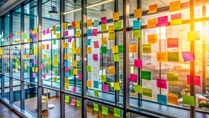 Creative professionals' brainstorming session remnants on glass wall, vibrant sticky notes filled with innovative ideas, scribbles, and diagrams, fueling business growth and strategy.