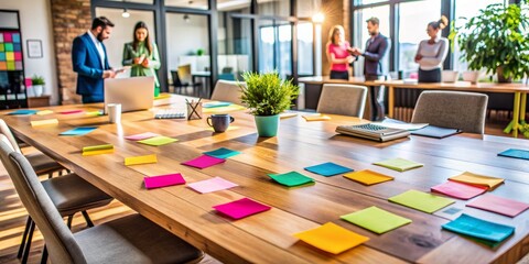 Vibrant colored sticky notes cover a modern wood table in a collaborative workspace, filled with innovative ideas and creative concepts for a marketing strategy.