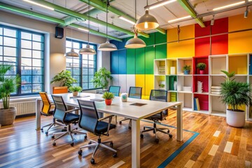 Vibrant office setting with colorful walls, modern furniture, and creative supplies, showcasing a collaborative brainstorming atmosphere without individuals, perfect for corporate concepts.