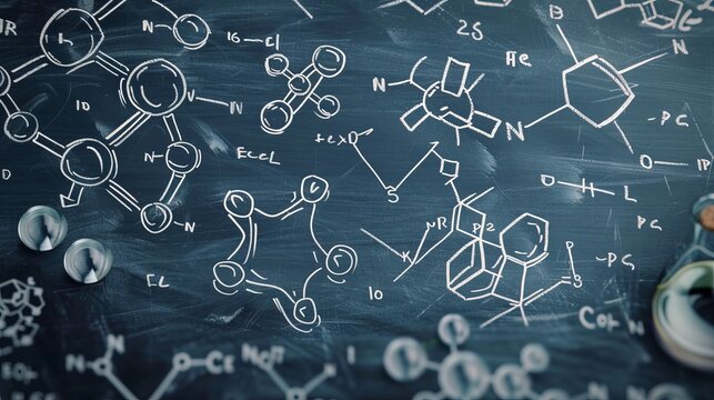 A chalkboard covered with scientific drawings and molecular structures signifies a space of intense research and investigation into chemical compounds and reactions.