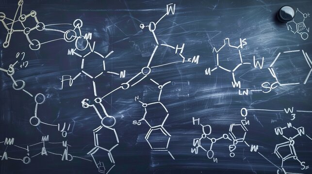 This image shows a chalkboard covered in complex chemical equations and molecular diagrams, illustrating various chemical compounds and reactions in detail. - Powered by Adobe