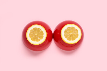 Ceramic bowls and lemon slices on color background. Erotic and female health care concept © Pixel-Shot