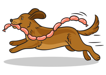 Running dog with stolen sausages pop art retro PNG illustration. Comic book style imitation.