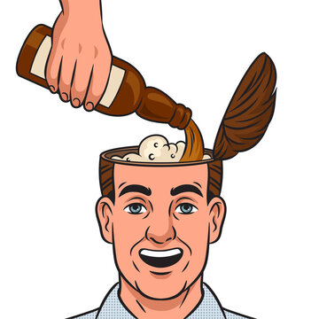 recommend clip art: beer is poured into the head of a joyful man pinup pop art retro PNG illustration. Comic book style imitation.