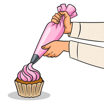 hands piping pink frosting cupcake clip art preview