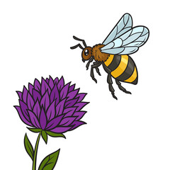bee flies to a flower pop art retro PNG illustration. Comic book style imitation.