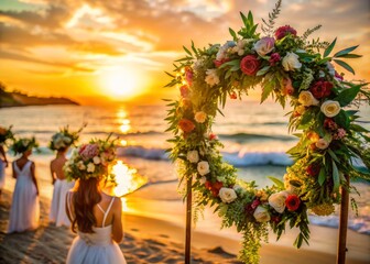 Vibrant sunset hues illuminate a serene seaside gathering spot, adorned with a delicate floral crown, conveying the warmth and joy of a tropical beach celebration.