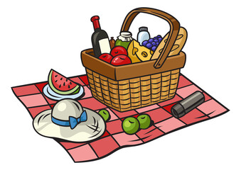 Picnic basket with food products pinup pop art retro PNG illustration. Comic book style imitation.