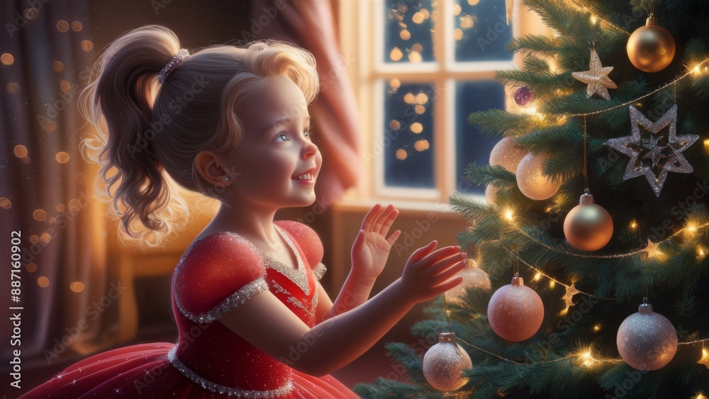 Poster A little girl in a red dress is decorating the christmas tree, AI