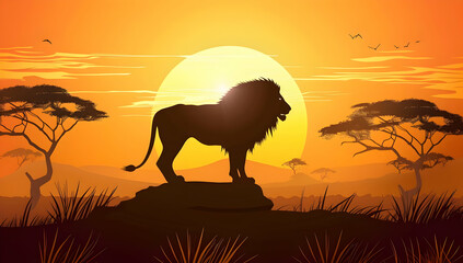 Fototapeta premium A majestic lion stands on a rock with a stunning African sunset in the background, capturing the beauty and wildlife of the savannah.