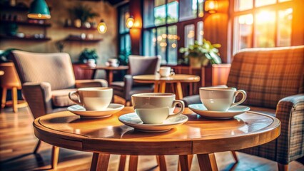 Cozy cafe atmosphere with three empty cups and saucers on a small wooden table, surrounded by comfortable chairs, evoking feelings of friendship and social bonding.