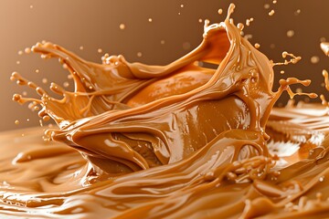 Dynamic splash of creamy peanut butter, rich tan tones, mid-air with swirling patterns, set against a neutral background, warm lighting, hd quality, natural look