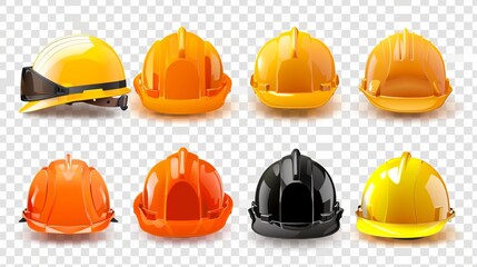 An assortment of eight vividly illustrated safety and construction helmets, showcasing different styles and colors, suitable representations for construction safety.
