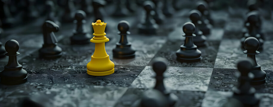 A yellow chess king stands prominently among black pieces on a chessboard, symbolizing leadership and uniqueness in strategy.