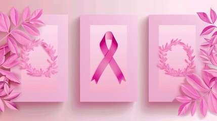 Fototapeta premium Elegant illustration of a pink ribbon framed by pink leaves, representing solidarity and support for breast cancer awareness. Minimalist design with a soft pink gradient background.