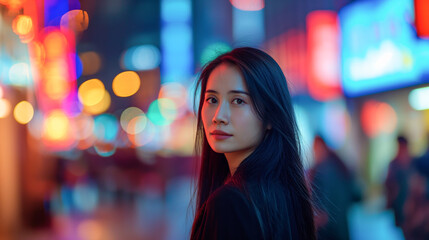 Portrait of an elegant Asian woman in her mid-30s, standing against the backdrop of a bustling city street at night