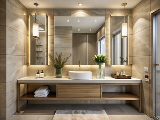 Sleek and sophisticated, this minimalist bathroom boasts a chic vanity mirror, elegant sink, and neutral tones, exuding timeless luxury and refined modern simplicity.