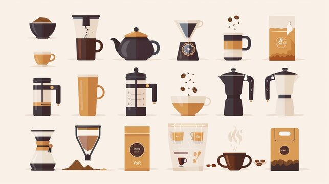 A detailed illustration of various coffee-making elements such as mugs, coffee pots, grinders, and coffee beans, capturing the essence of coffee culture and brewing.