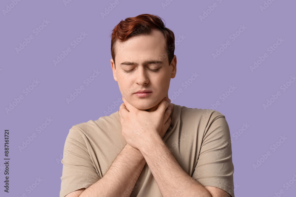 Canvas Prints Young man with sore throat on lilac background