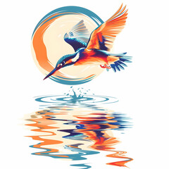 Obraz premium Colorful abstract illustration of a kingfisher bird catching a fish mid-flight above a serene water surface with ripples.