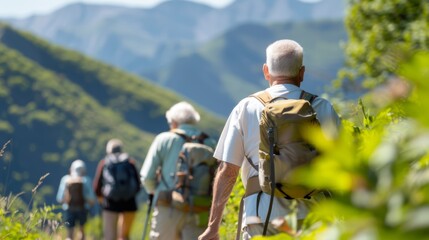 Fototapeta premium Group of seniors on a golden age pilgrimage, trekking through scenic landscapes, embodying the joy of exploration and the fulfillment of lifelong dreams